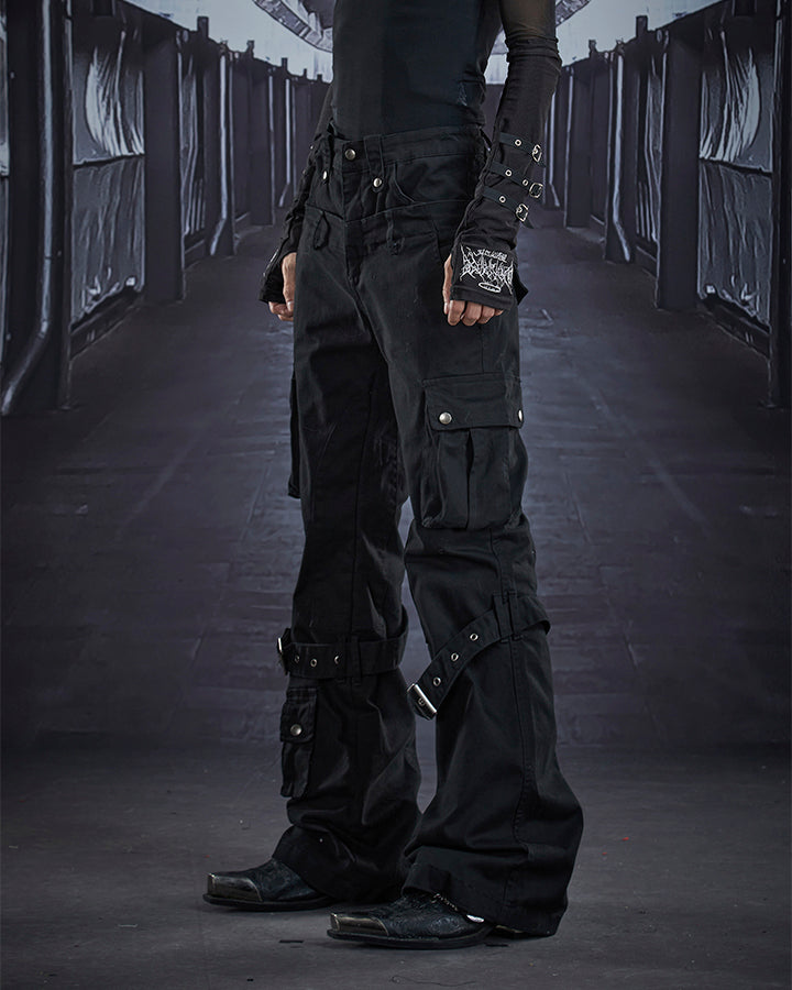 Multi-Pocket Buckle Cargo Flare Pants