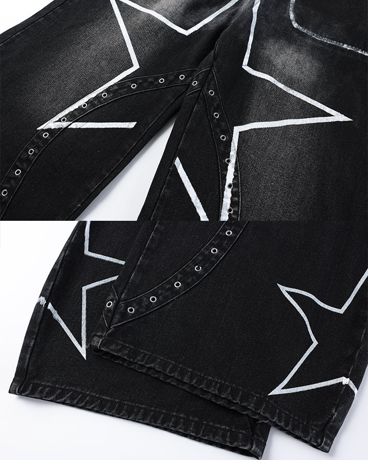 Oversized Star Print Wide Leg Denim Pants