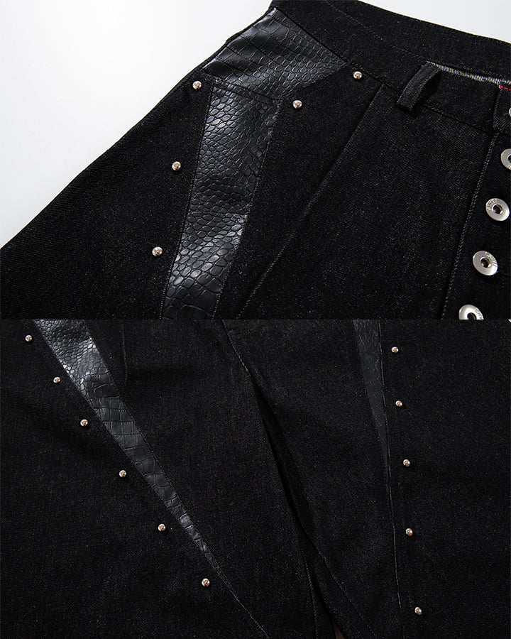 Deconstructed Wide Leg Faux Leather Denim Shorts