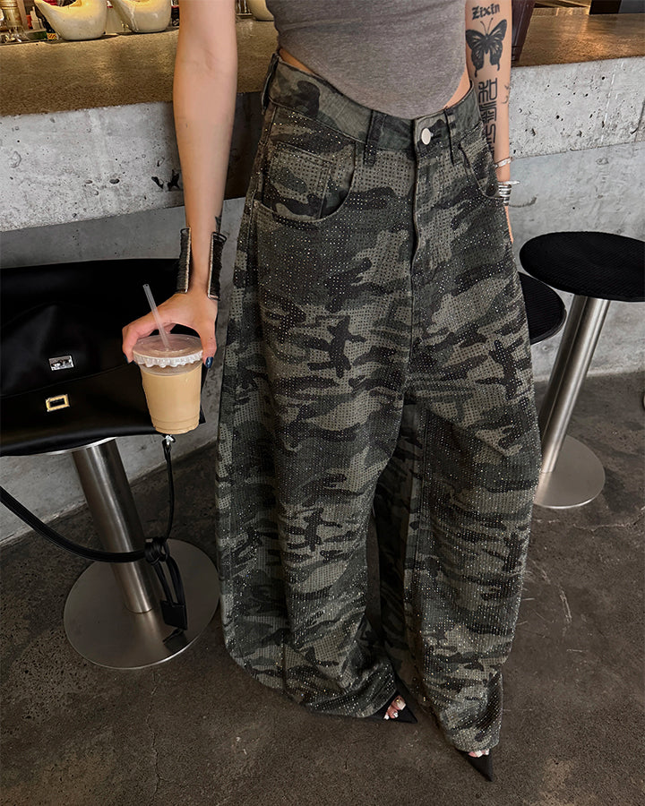 Vintage Camo Rhinestone Loose Balloon Denim Pants