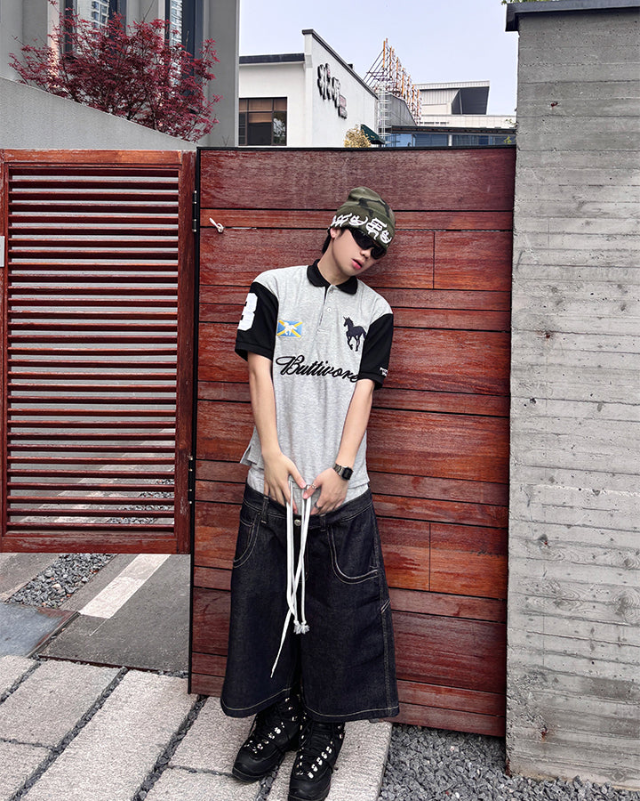 American Three-Waist Patchwork Denim Shorts