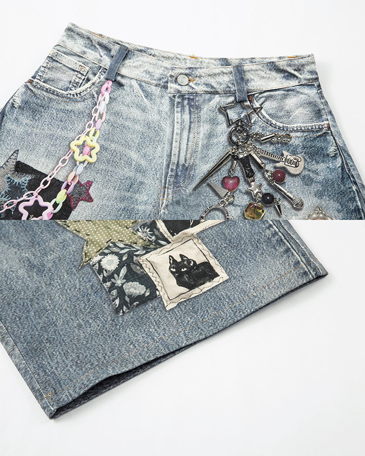 American Y2K Patchwork Denim Shorts