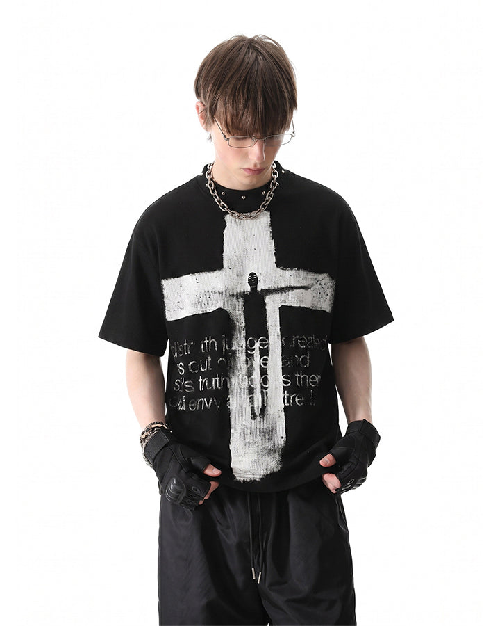 Dark Gothic Cross Graphic Oversized Tee