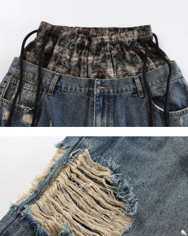 Hip-Hop Patchwork Plaid Layered Denim Pants