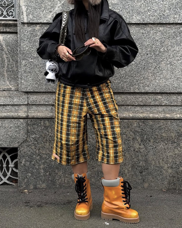 Vintage Plaid Patchwork Denim Lined Capri Pants
