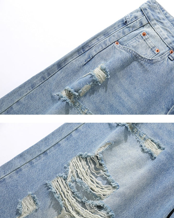 New Light Wash Distressed Wide Denim Shorts