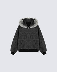 Striped Hoodie Jacket with Fur Trim