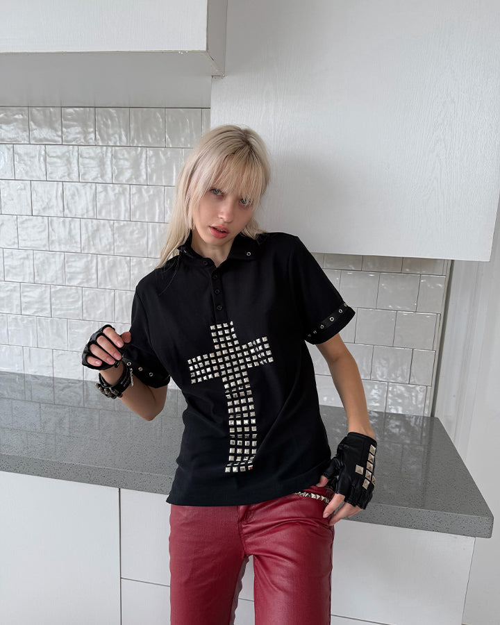 Dark Gothic Studded Cross Cropped Polo Shirt New