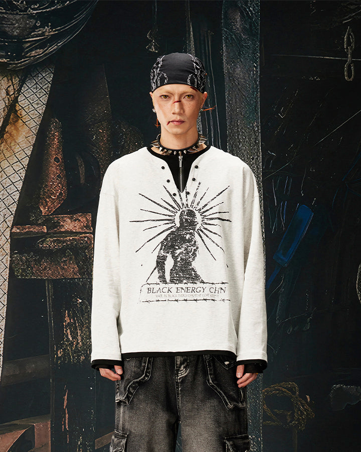 Fake Two-Piece Long Sleeve Zipper Tee