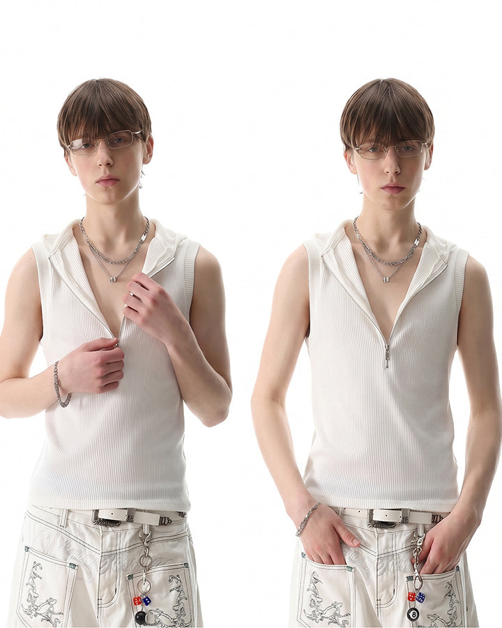 New Dark Ribbed Hooded Sleeveless Zip Knit Top