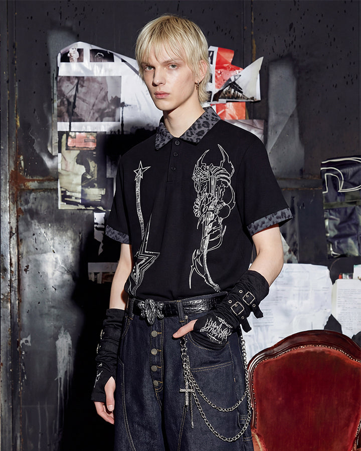 Dark Punk Leopard-Collar Graphic Polo Shirt