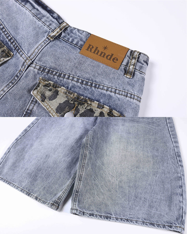 Punk Leopard Patch Embroidered Wide Denim Shorts