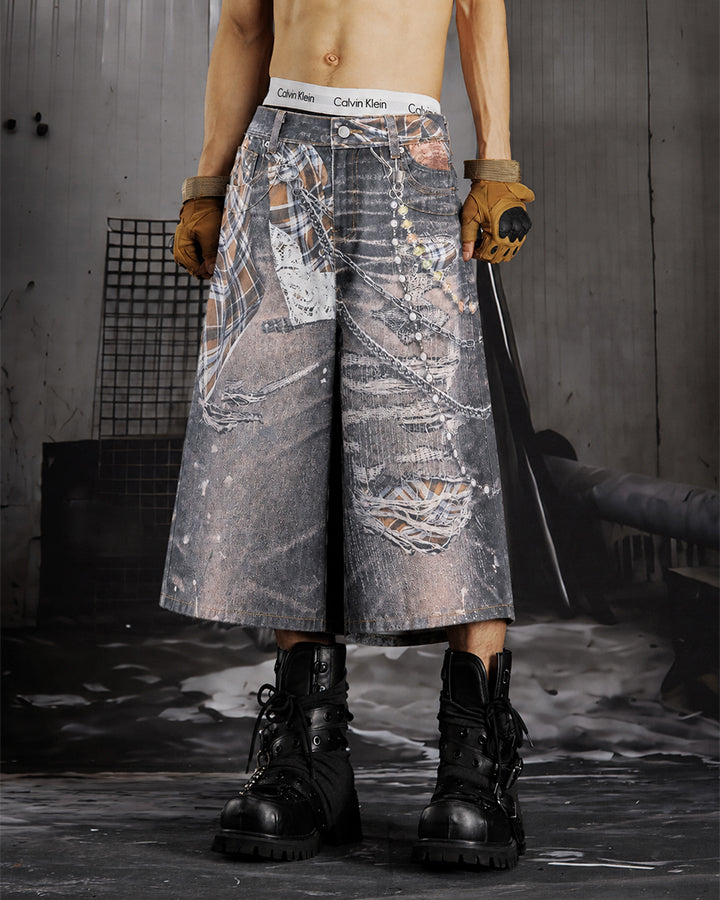 Wasteland Plaid Chain Print Wide Denim Shorts