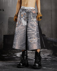 Wasteland Plaid Chain Print Wide Denim Shorts