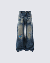 New Vintage Grunge Washed Patchwork Wide Barrel Jeans