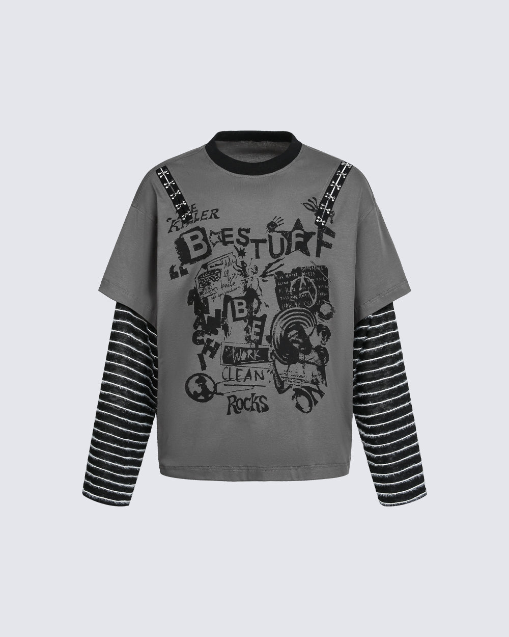 Gray-Black Distressed Graffiti Layered Sweatshirts