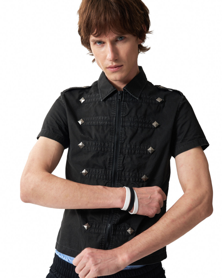 Retro Trendy Rhinestone Lapel Zipper T-Shirt