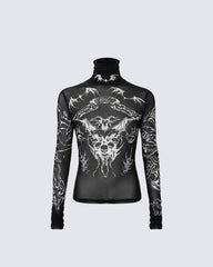 Gothic Mesh Long Sleeve Top with Graphic Print