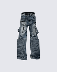 Multi-Zip Techwear Cargo Denim Pants