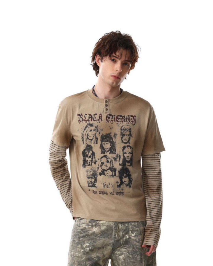 Graphic Print Long-Sleeve Tee with Striped Sleeves