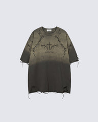 American-Style Distressed Washed Thorn Print Short-Sleeved T-Shirt