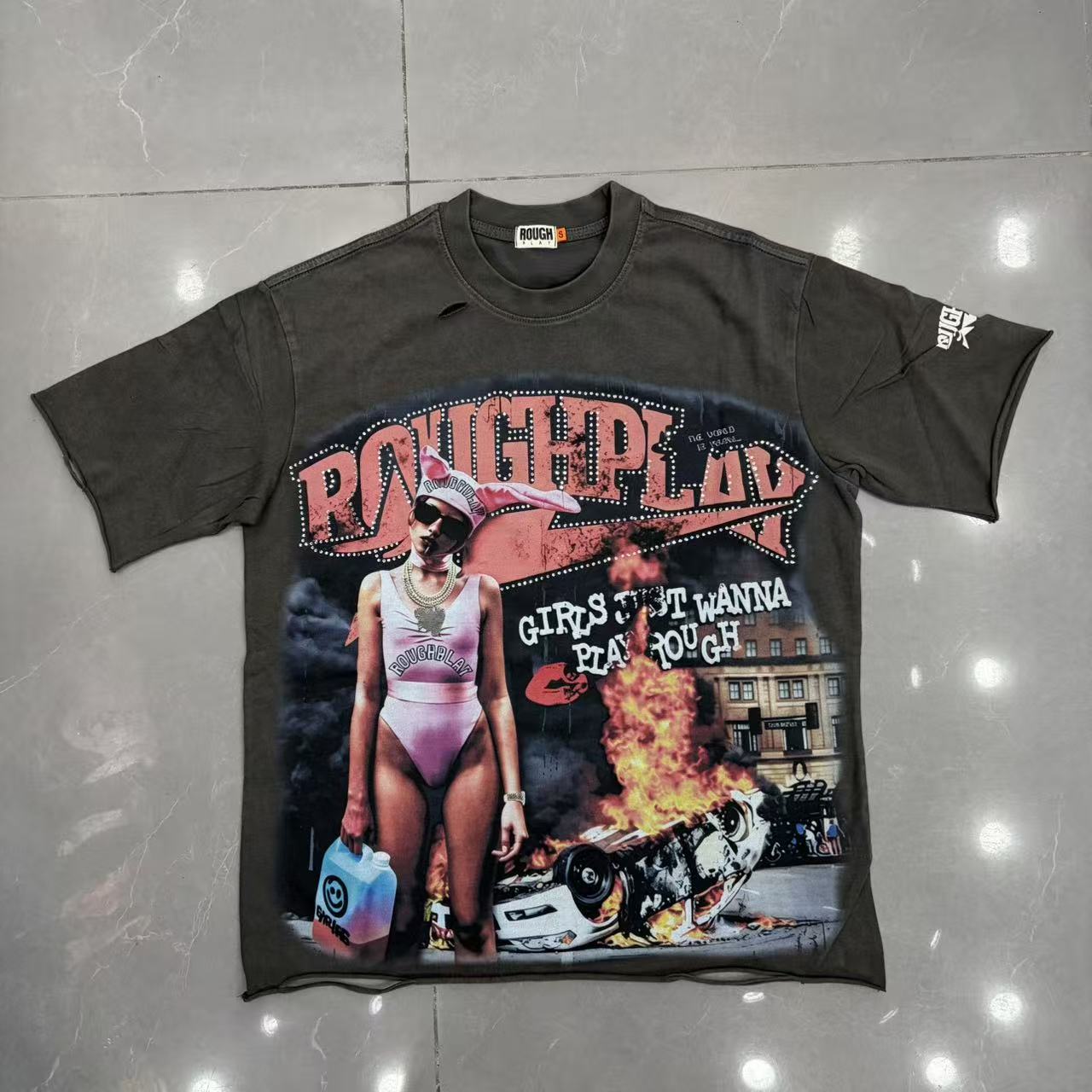 Roughplay Bunny‑Hat Girl Burning Car Urban Rebellion Distressed Tee