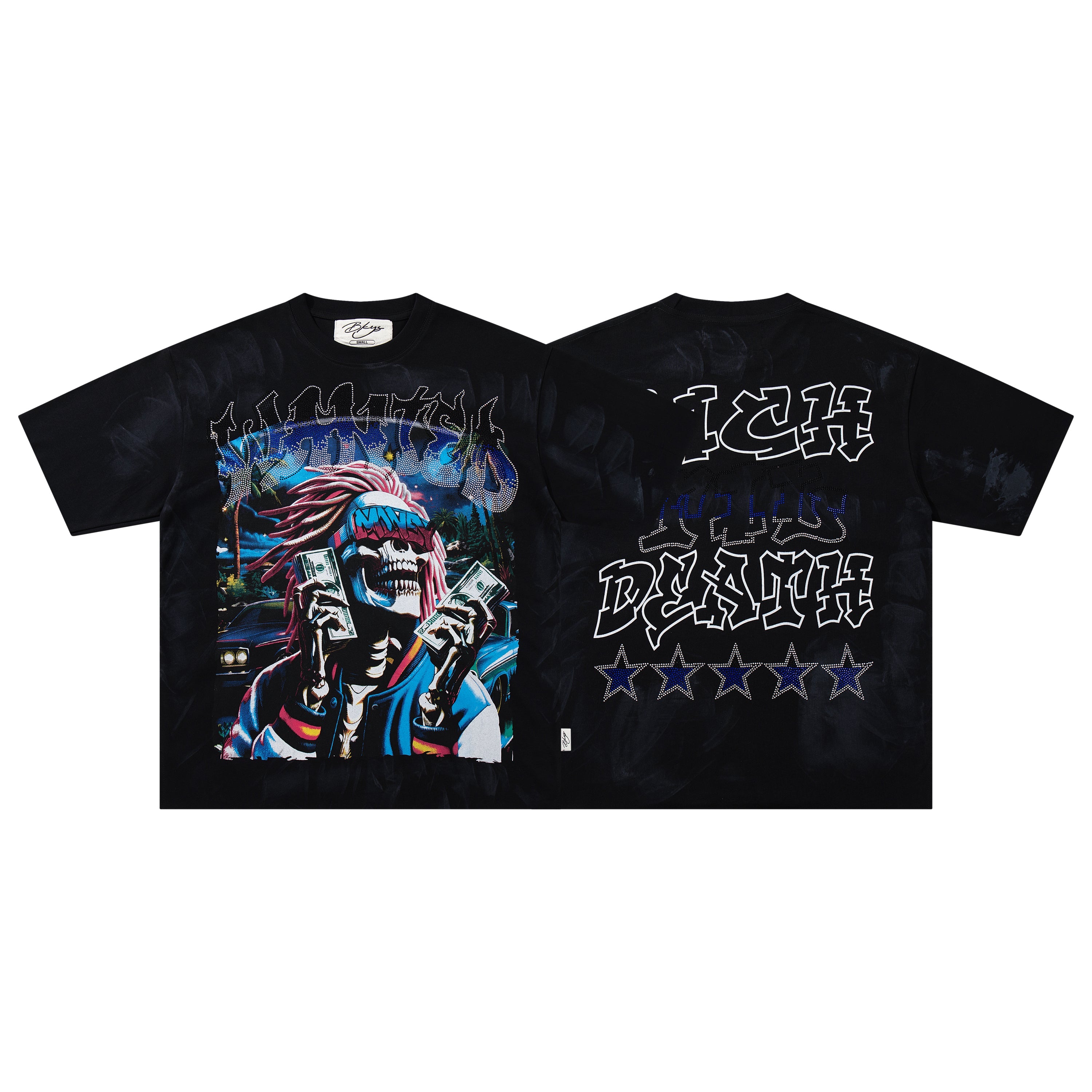 BKYS Dreadlock Skull Cash Black Washed Oversized Graphic T‑Shirt