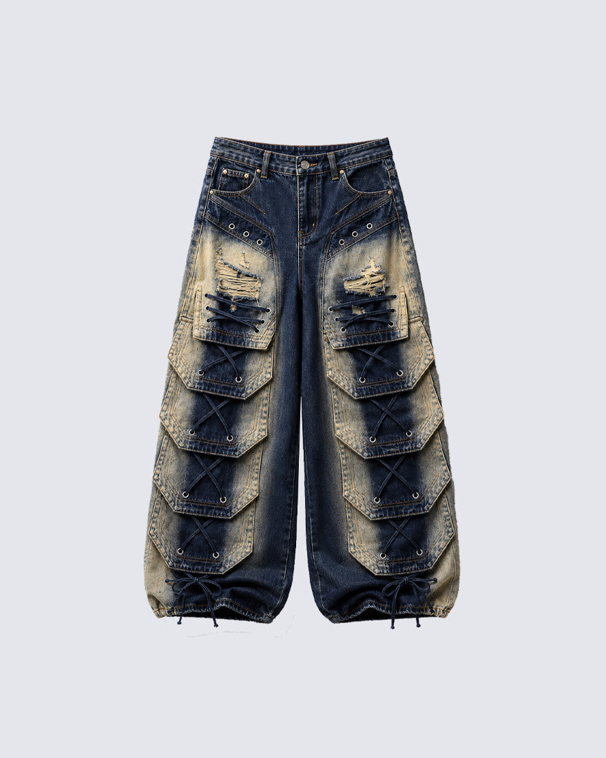 Distressed Layered Cargo Pants With Lacing