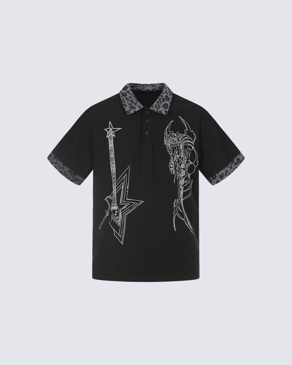 Dark Punk Leopard-Collar Graphic Polo Shirt