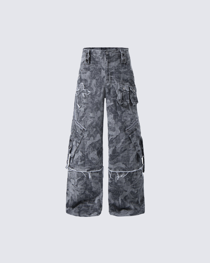 Distressed Tie-Dye Camo Cargo Denim Pants