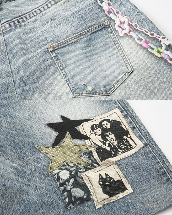 American Y2K Patchwork Denim Shorts