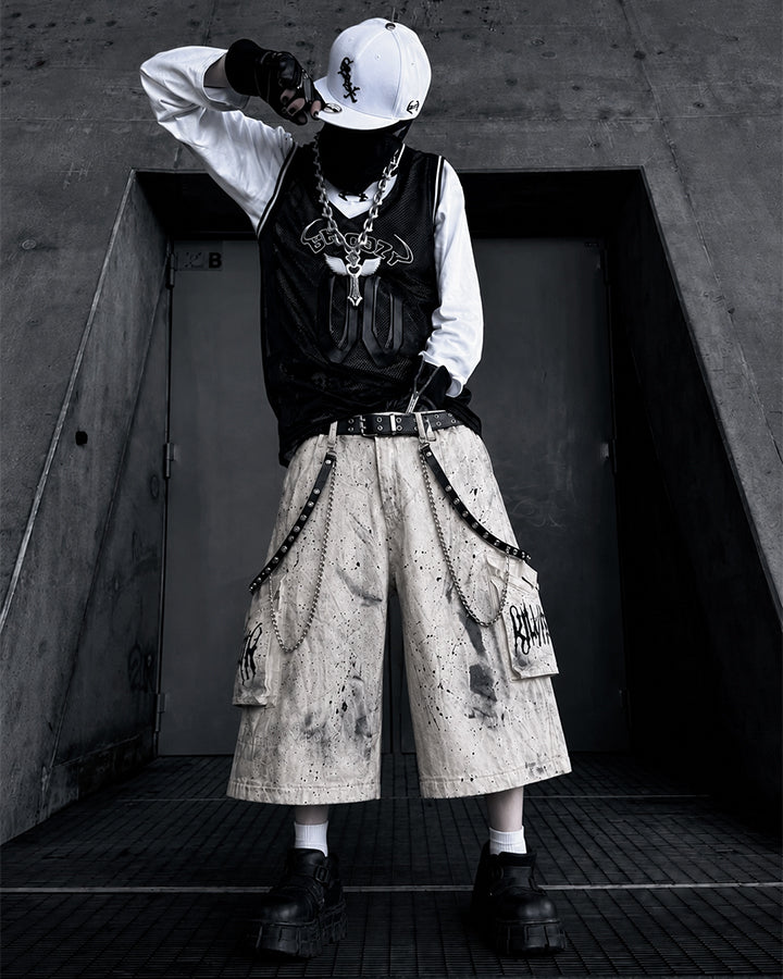 New Gothic Grunge Paint Splatter Utility Knee-Length Shorts