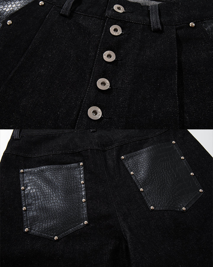 Deconstructed Wide Leg Faux Leather Denim Shorts