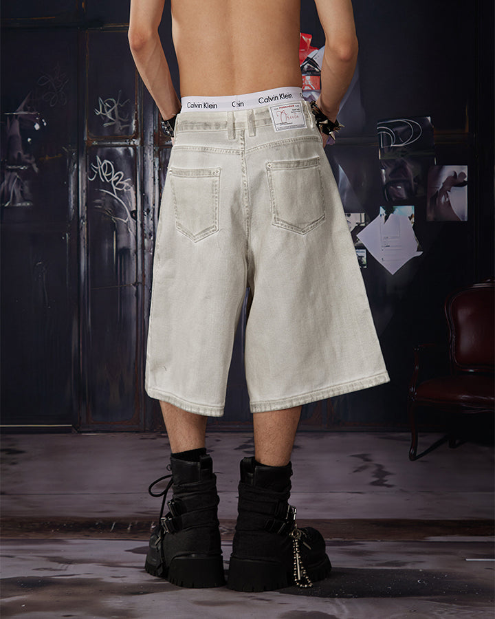 Light Asian Distressed Dirty-Dyed Denim Shorts