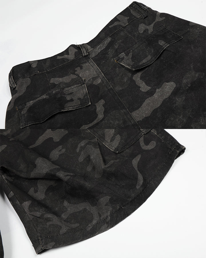 American Style Camouflage Cargo Wide Denim Shorts