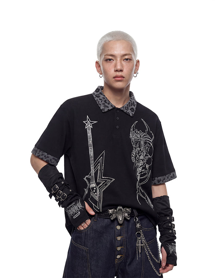 Dark Punk Leopard-Collar Graphic Polo Shirt