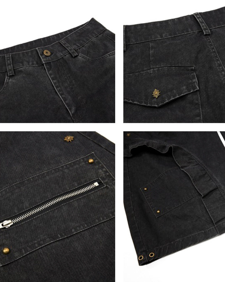 Spliced Metal-Detail Scimitar Denim Pants