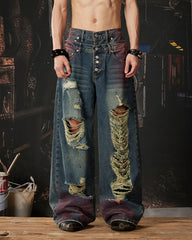 New Double Waist Spray Distressed Jeans