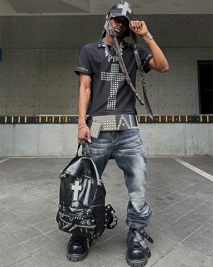 Dark Gothic Studded Cross Cropped Polo Shirt New
