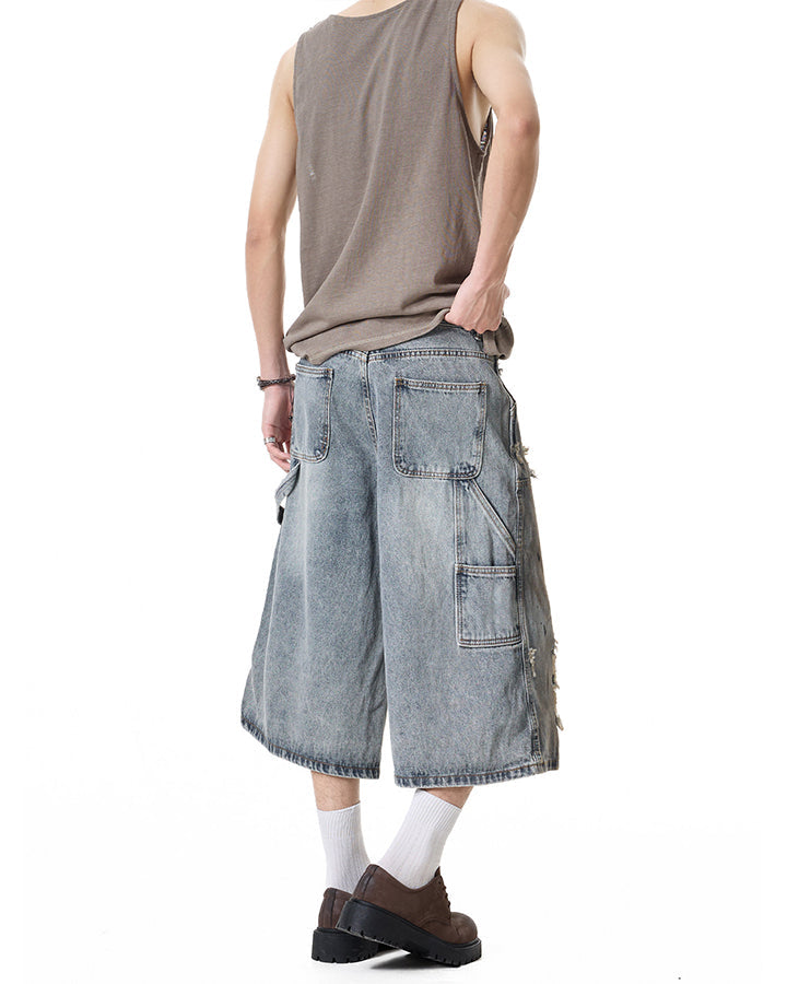 American Retro Distressed Cargo Denim Shorts