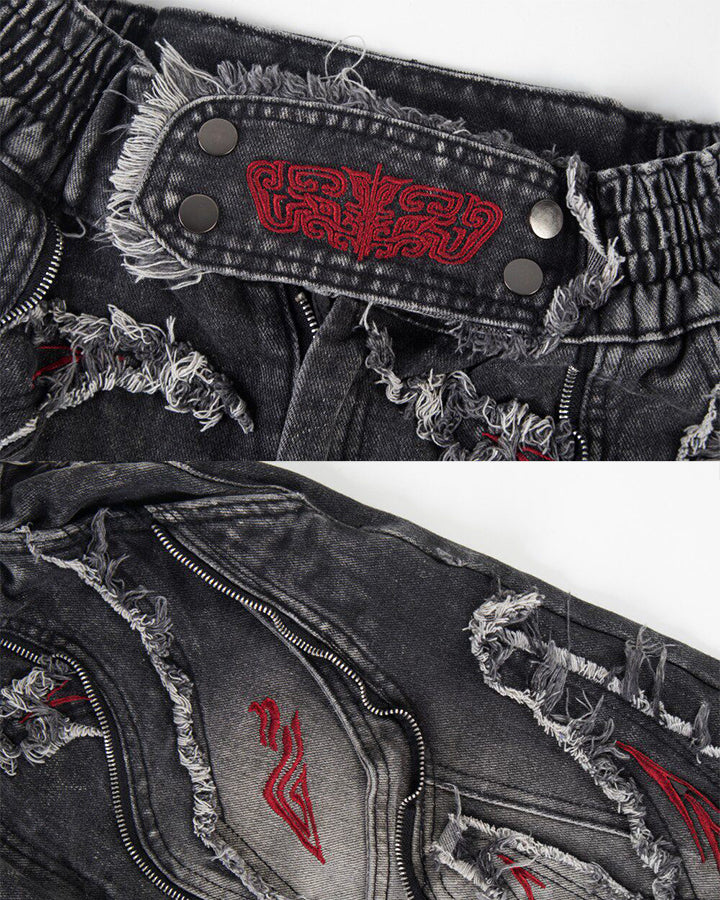 New Dark Washed Red Embroidery Flared Denim Jeans