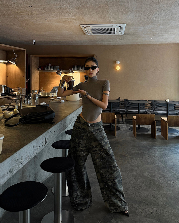 Vintage Camo Rhinestone Loose Balloon Denim Pants