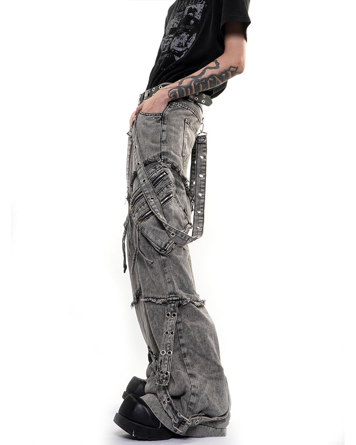 Detachable Strap Dark Heavy Deconstructed Jeans