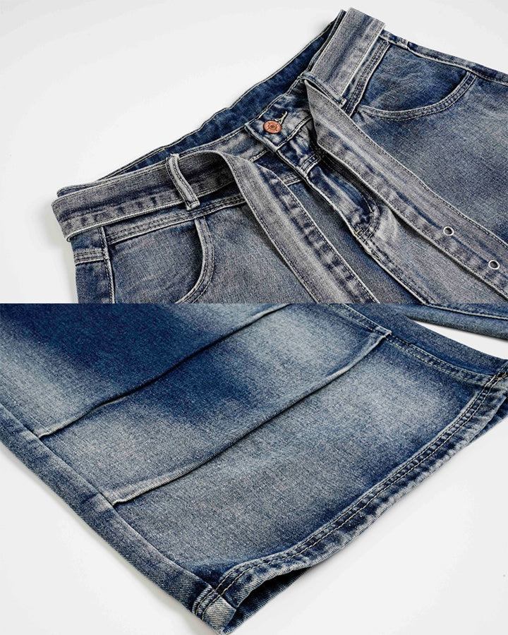 American High-Street Belted Wide-Leg Denim Shorts