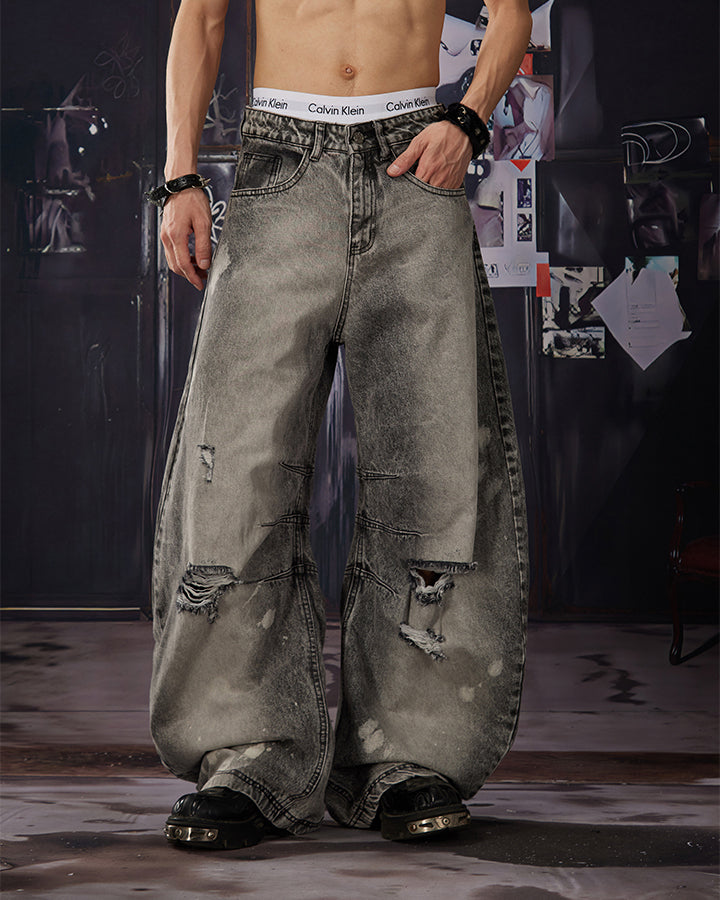 Vintage Street Distressed Washed Curved-Leg Jeans