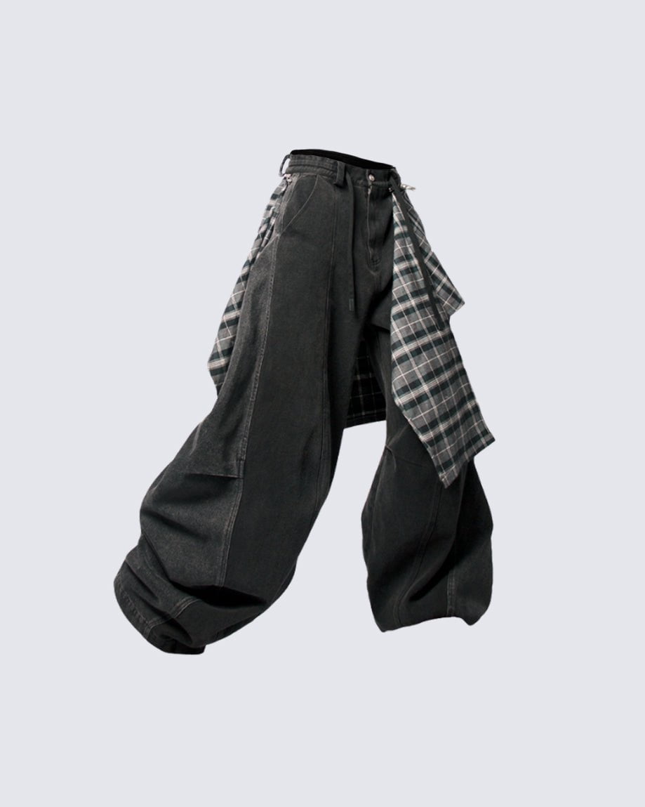 Detachable Plaid Layer Wide-Leg Pants