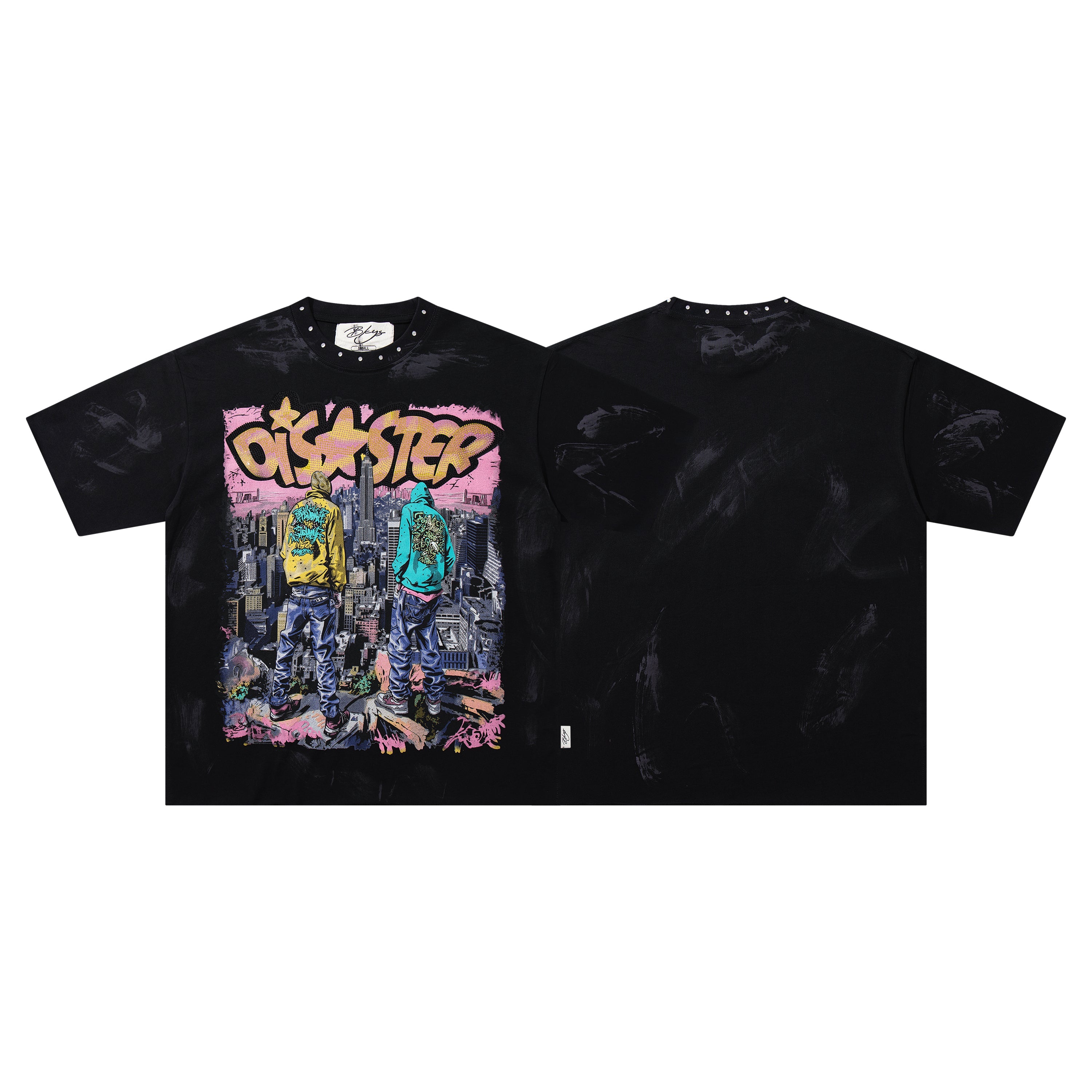 BKYS City Two Figures Rhinestone Black Oversized Graphic T-Shirt