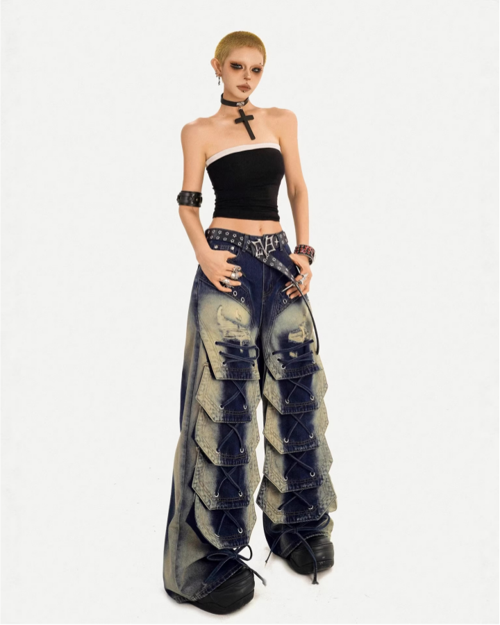 Distressed Layered Cargo Pants With Lacing