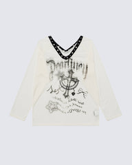 Gothic Printed Long Sleeve Top with Studded Neckline