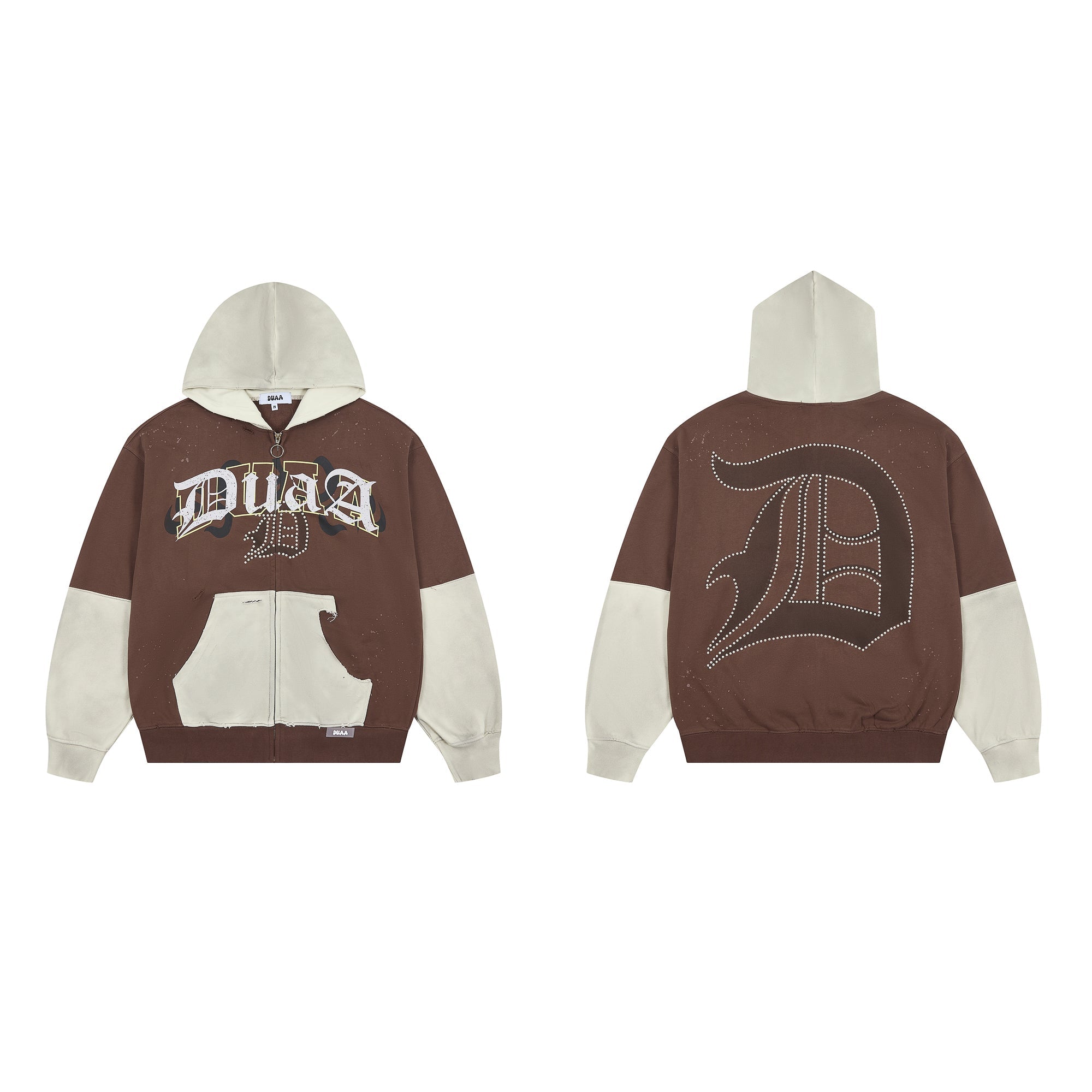 DUAA Two‑Tone Patchwork Distressed Gothic Logo Zip‑Up Hoodie